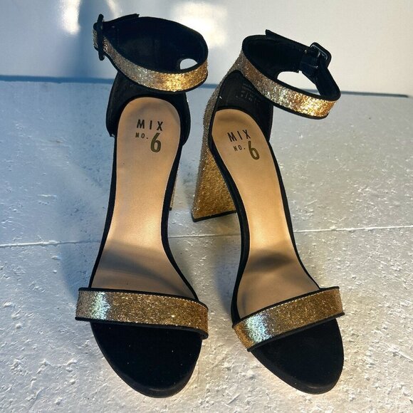 Mix No.6 SZ 9 Cym Gold Glitter Ankle Strap Heels Dressy Formal Prom Club Wedding - Picture 2 of 9